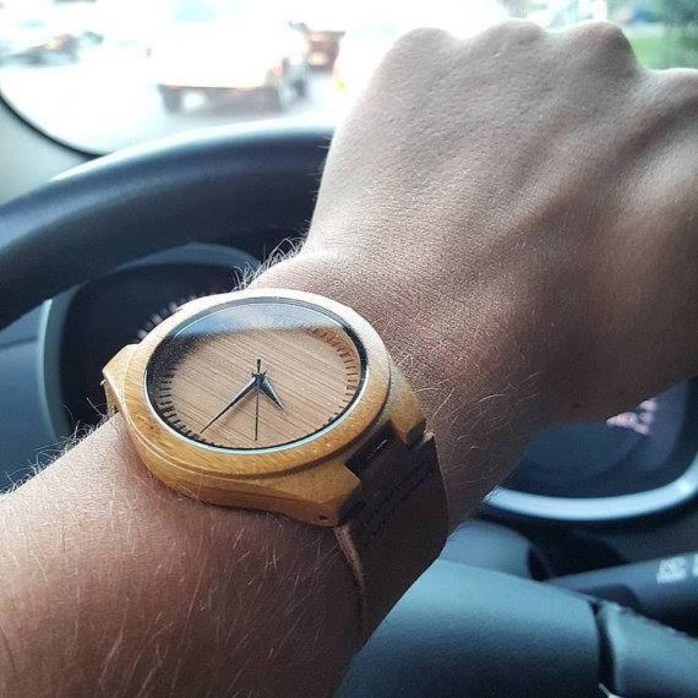 Bamboo Wood Watches Men Genuine Leather Handmade